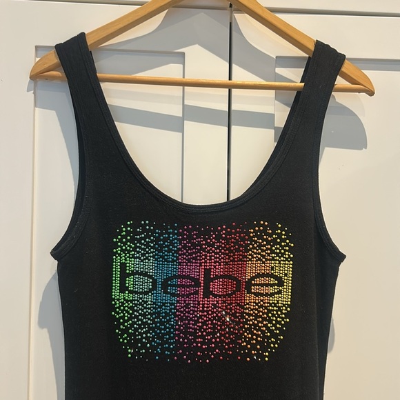 Bebe Black Tank Maxi Slit Dress Rainbow Rhinestone Logo Bodycon Y2K 90’s Size M - Picture 7 of 16